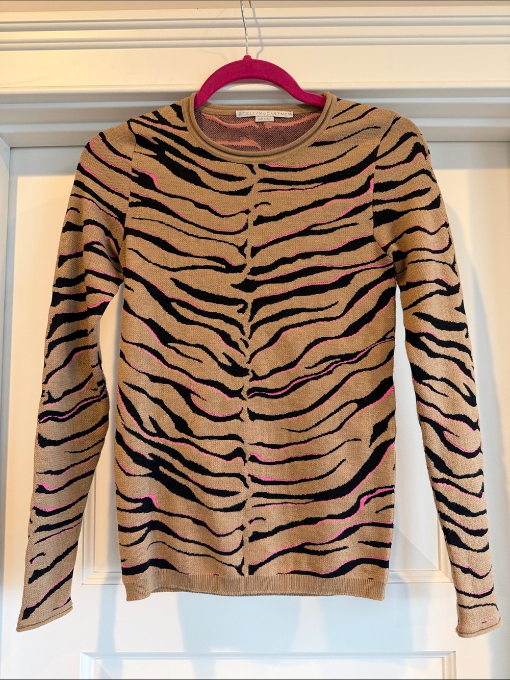 Stella McCartney Camel and Black Zebra-Print Crewneck Sweater with Pink Accents